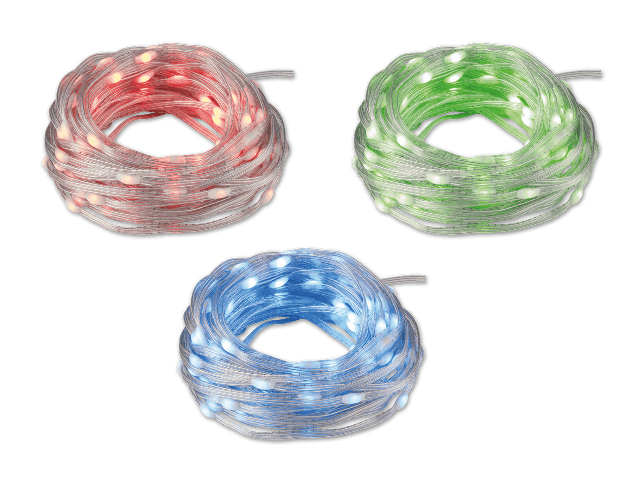 Drei aufgerollte Lichterketten in Rot, Grün und Blau auf schwarzem Hintergrund.