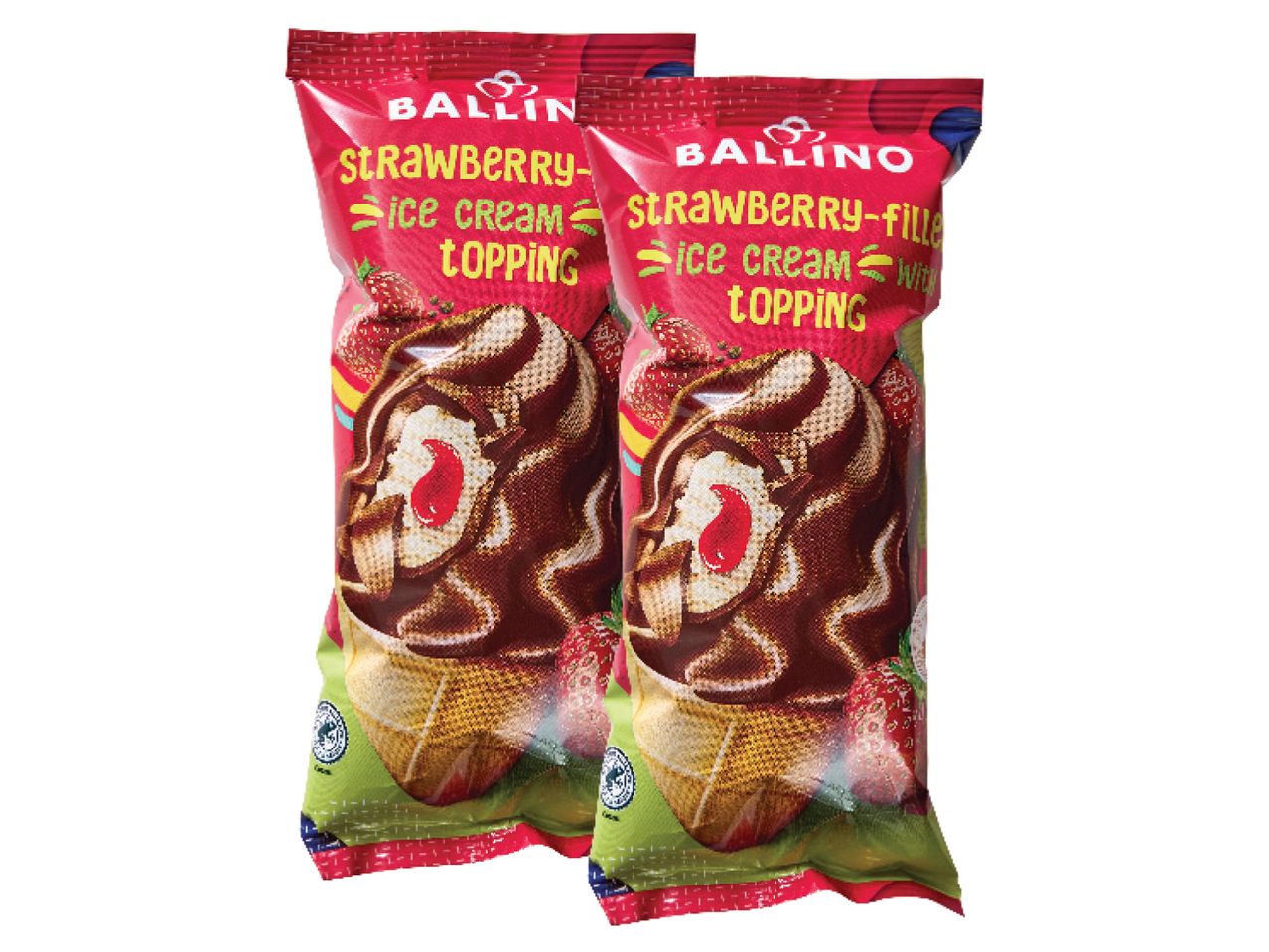 Kaks Ballino maasikamaitselist jäätist.