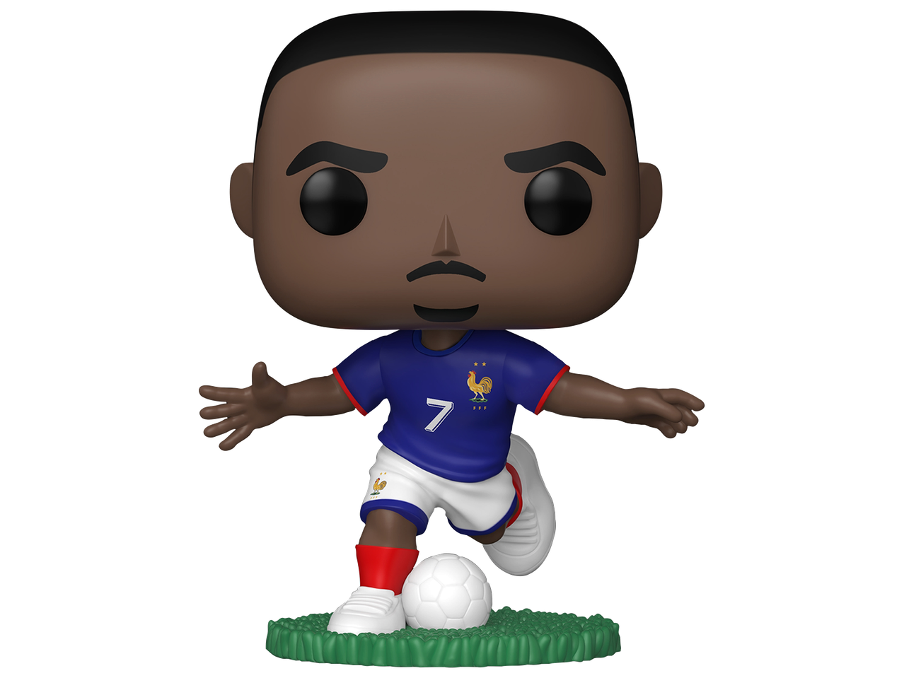Figurine de joueur de football en maillot bleu avec le numéro 7, dribblant un ballon.