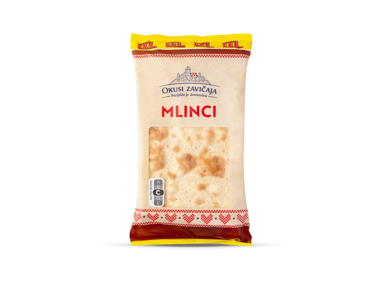 Pakiranje Okusi Zavičaja Mlinci s Nutri-Score C oznakom.