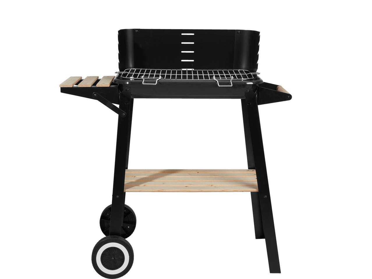 Fekete kerti grill kerekeken, fa polcokkal.