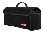 Black felt car boot organizer with a handle and red logo