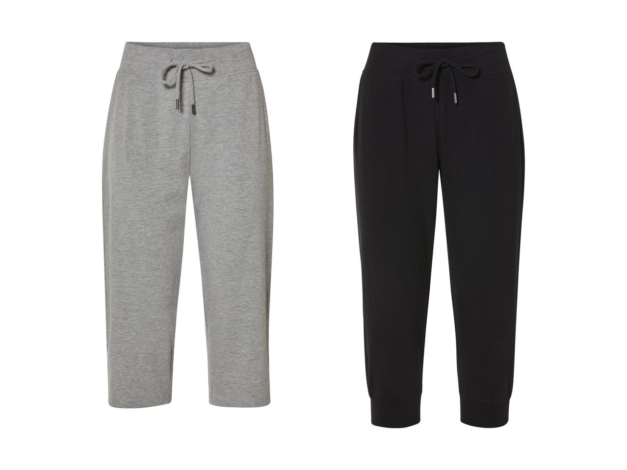 Zwei Jogginghosen, eine grau und eine schwarz, mit Kordelzug in der Taille.