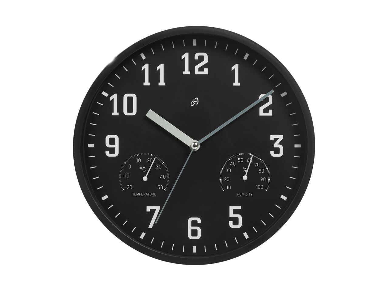 Et sort vægur med termometer og hygrometer.