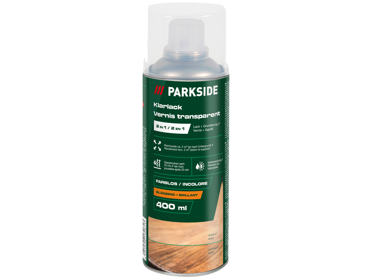 Transparante blanke lak spray, 2-in-1 lak en primer, weerbestendig, 400 ml.