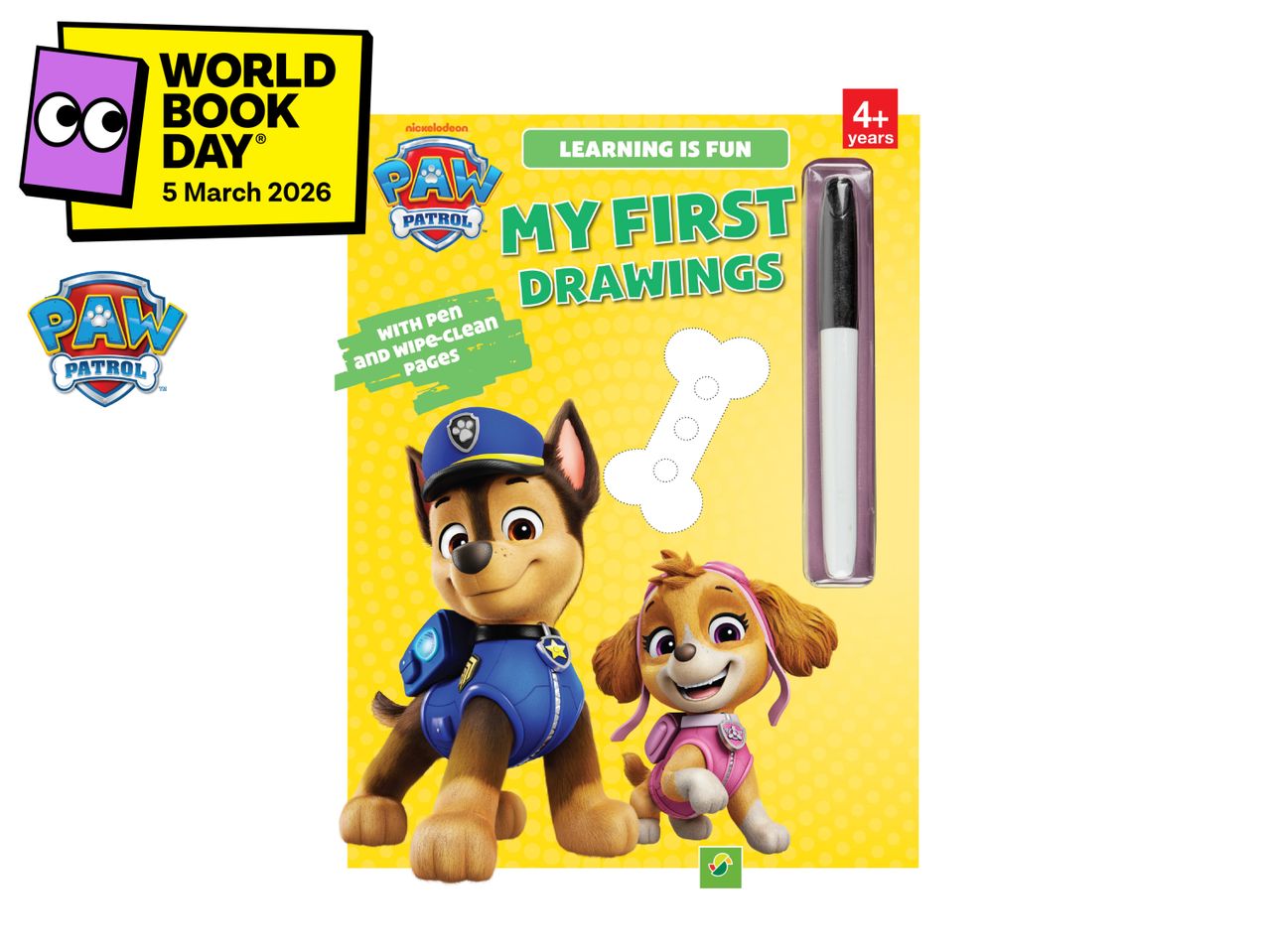 Paw Patrol drawing book with pen, wipe-clean pages, and a World Book Day sticker.