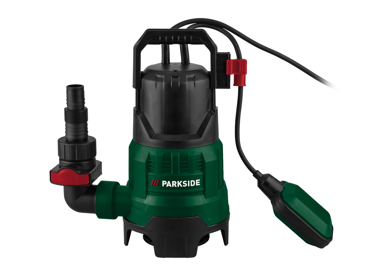 Zöld és fekete búvárszivattyú úszókapcsolóval és tömlőcsatlakozóval.