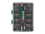 A Parkside screwdriver set with various bits and nut drivers in a clear case.