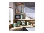 Mint green kitchen appliances: microwave, toaster, kettle, and espresso machine on a wooden counter.