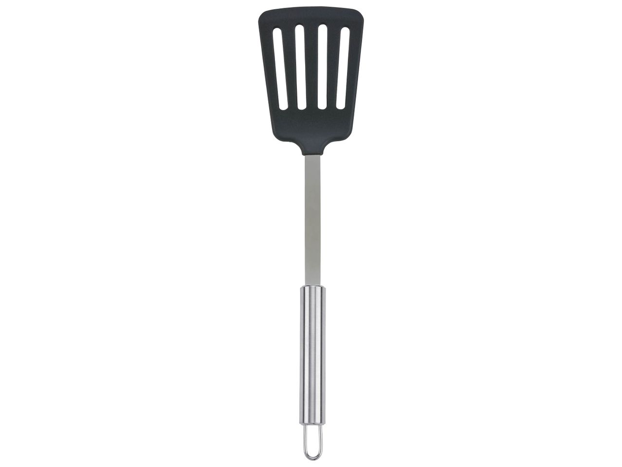 Spatule de cuisine en nylon avec manche en acier inoxydable.