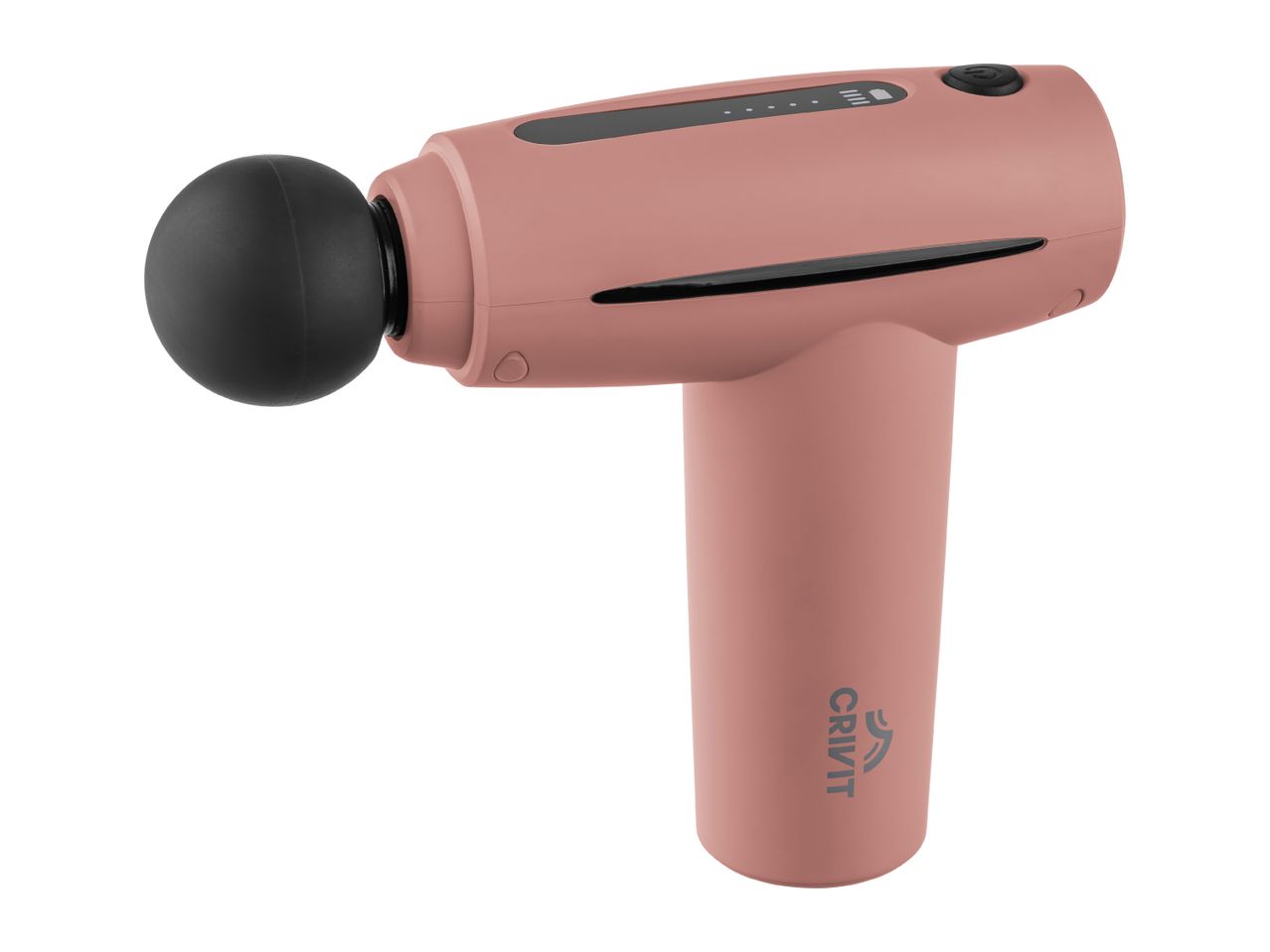 Pink massage gun with a black spherical attachment and a display showing five indicator lights.