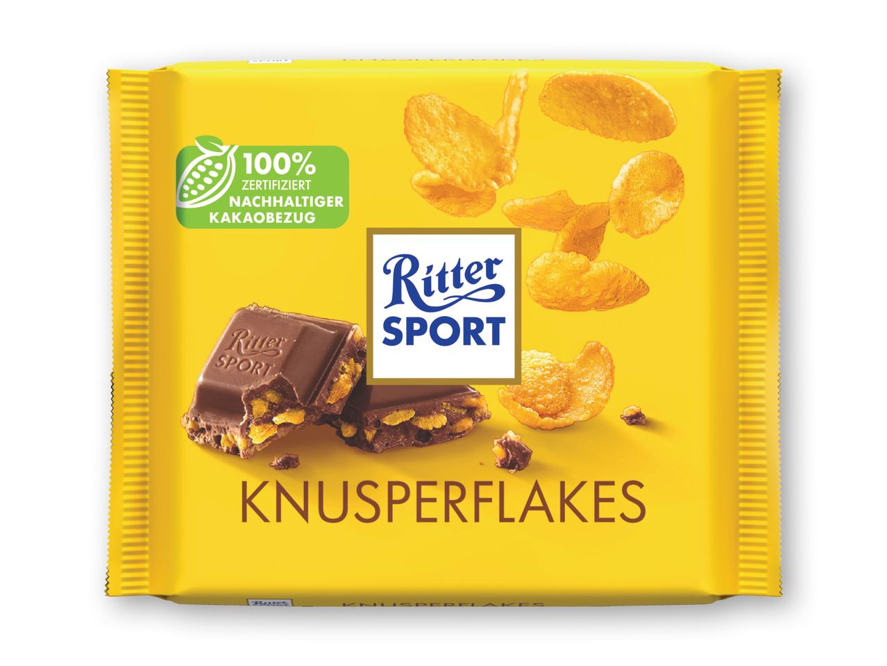 Ritter Sport Knusperflakes chokoladebar med majsflager og et bæredygtighedsmærke.