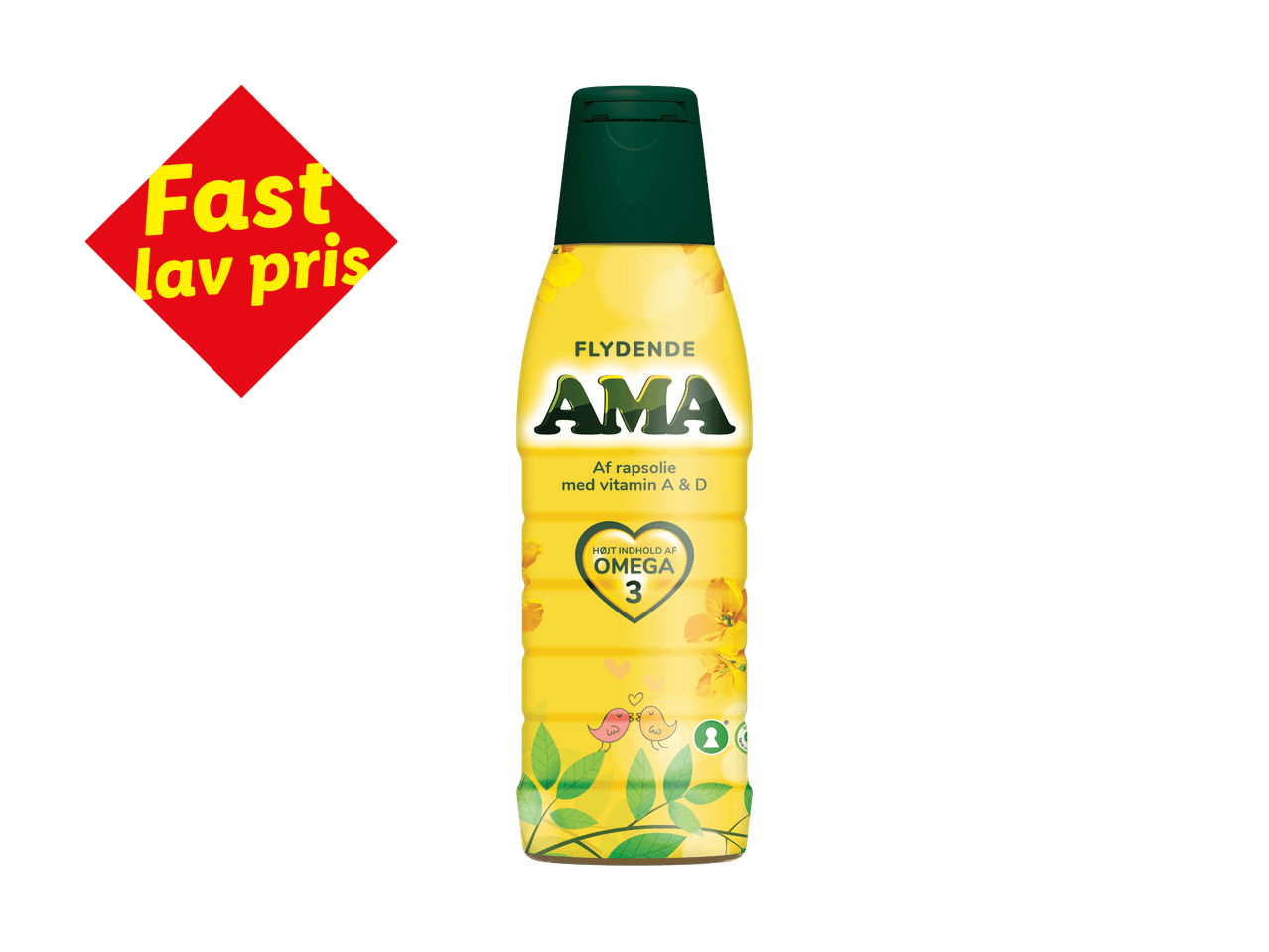 Flydende margarine med rapsolie, vitamin A & D og omega 3, med et 'Fast lav pris' mærke.
