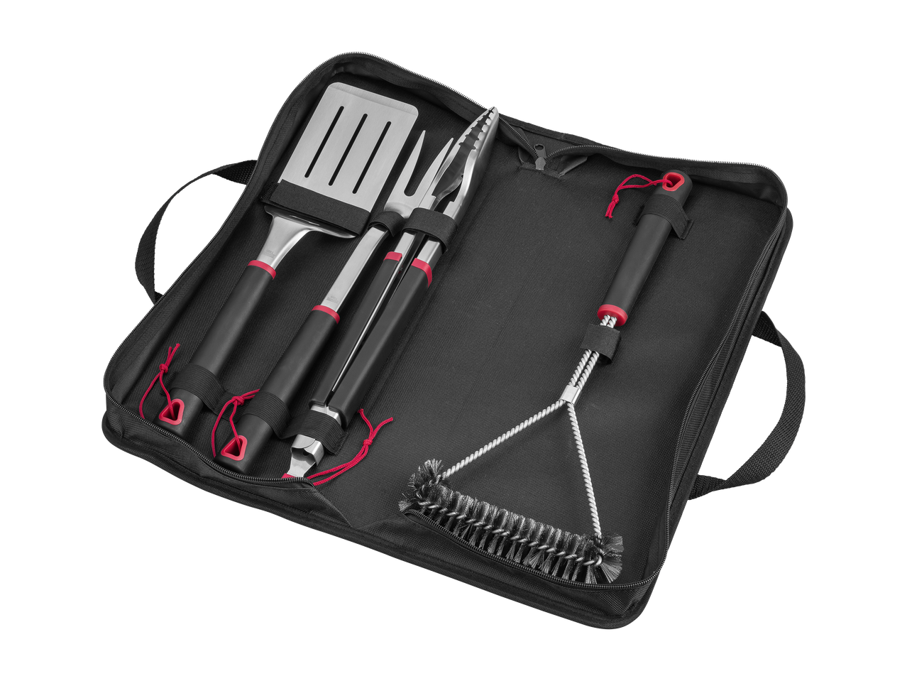 Komplet pripomočkov za žar v črni torbici, vključno z lopatko, vilicami, kleščami in ščetko za čiščenje.
