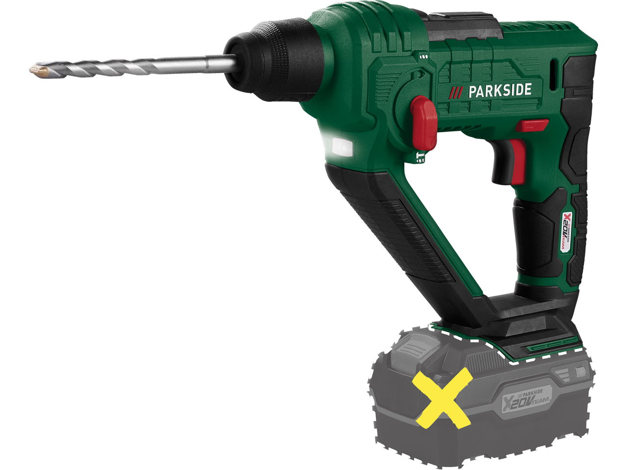 Parkside Cordless Hammer Drill with battery and a cross on it to indicate that the battery is not included.