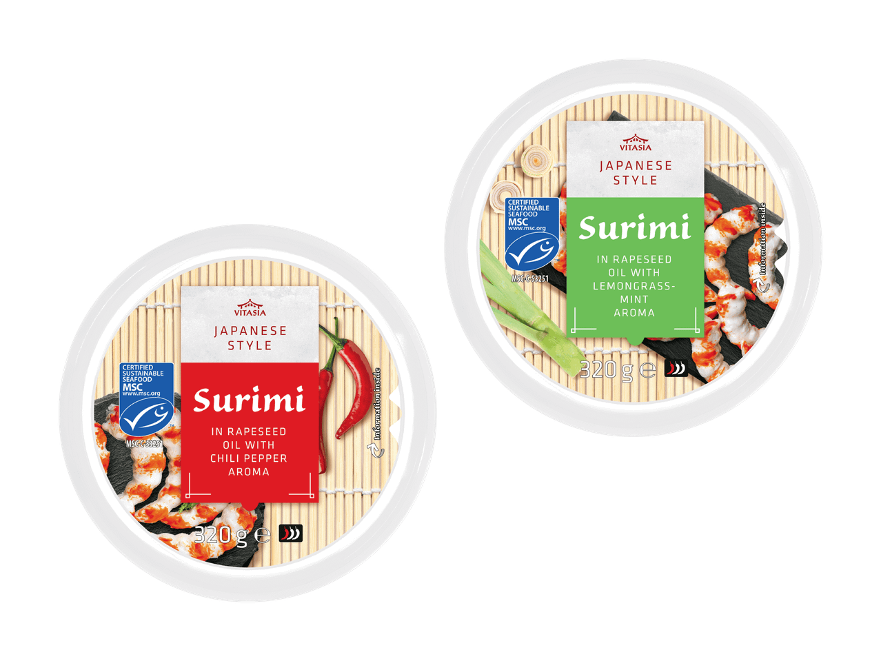 Deux paquets de surimi de style japonais, l'un au piment et l'autre à la citronnelle-menthe.