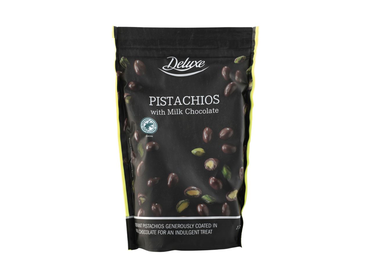 Deluxe Pistachios with Milk Chocolate, a black bag of chocolate-covered pistachios.