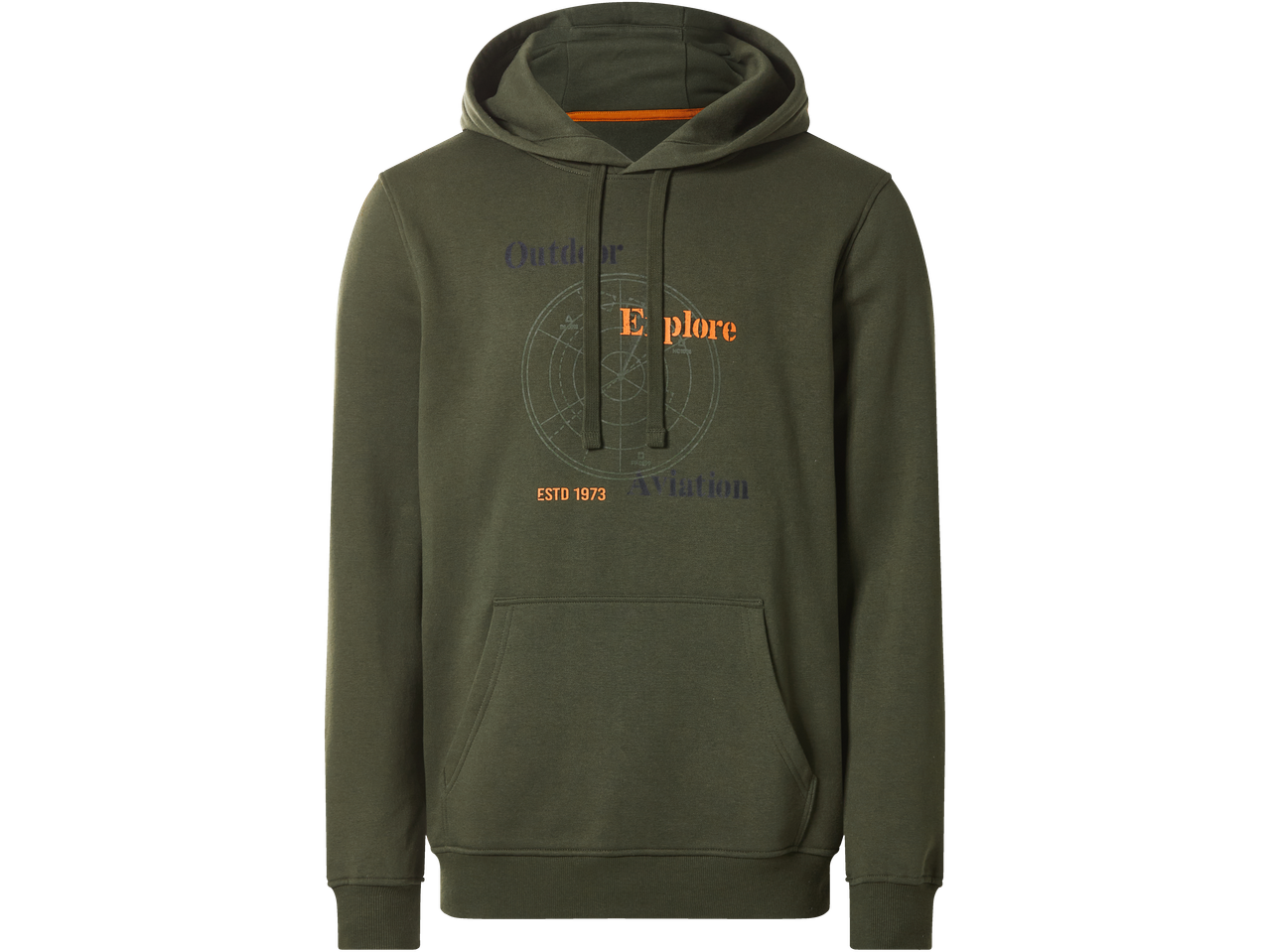 Vyriškas tamsiai žalias džemperis su gobtuvu ir grafiniu užrašu 'Outdoor Explore Aviation ESTD 1973'