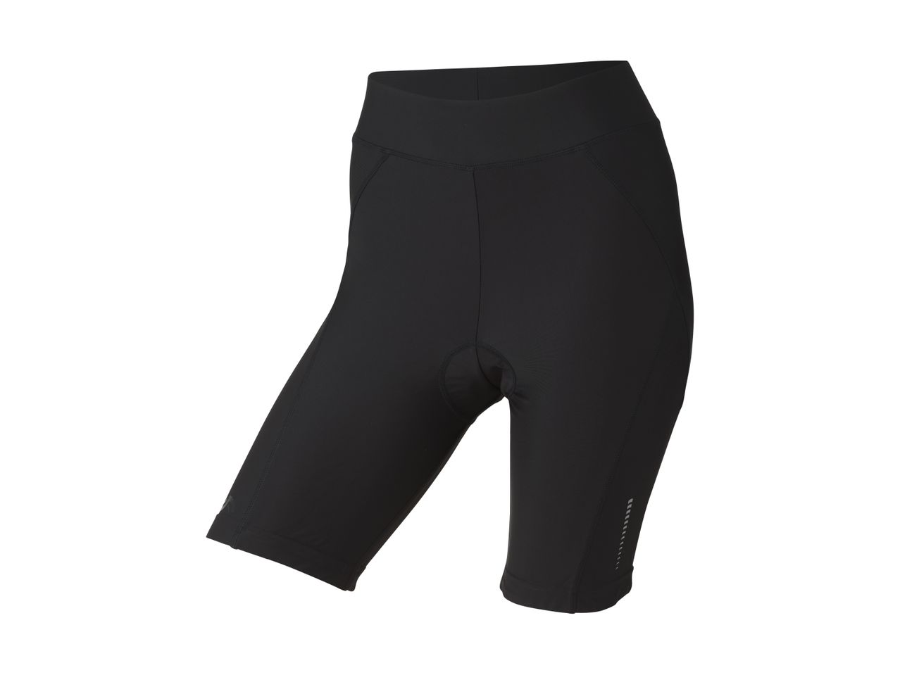 Sorte cykelshorts til kvinder med polstring og reflekterende detaljer.