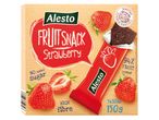 Alvesto Fruit Snack: eper ízű gyümölcstdarabok, hozzáadott cukor nélkül, magas rosttartalommal.