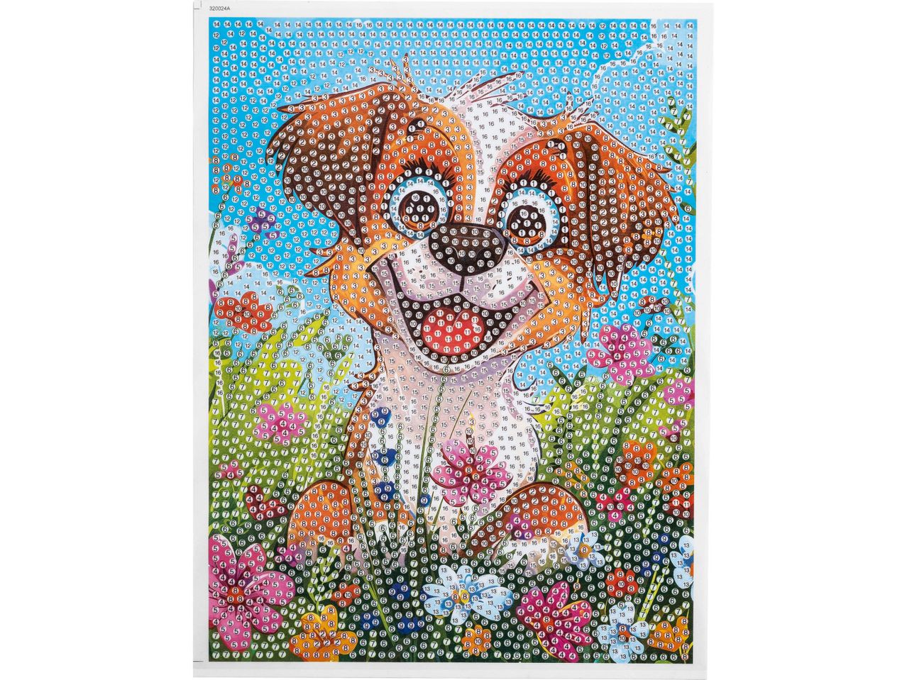 A diamond painting kit featuring a happy puppy surrounded by colorful flowers.