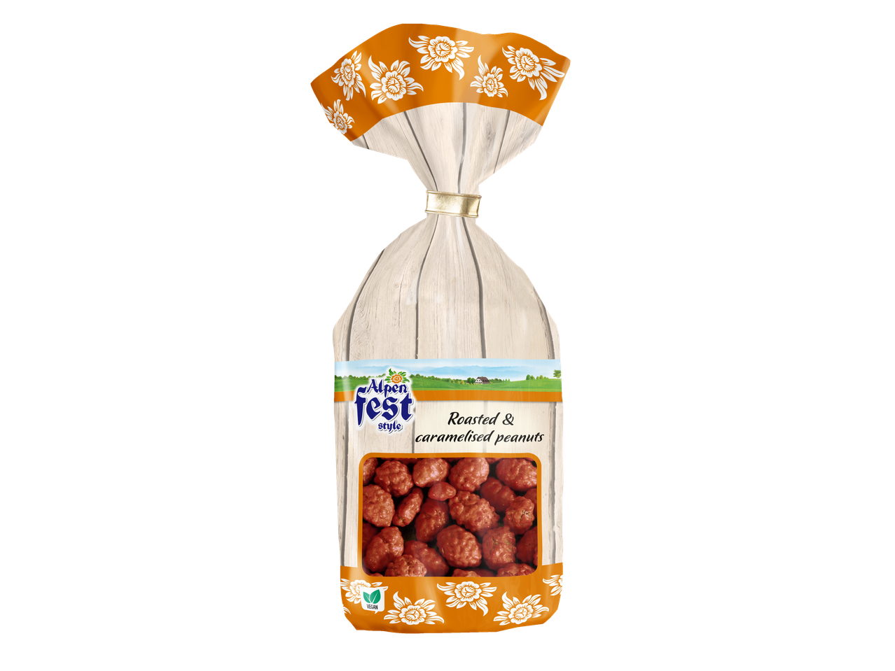 A bag of roasted and caramelised peanuts with a rustic wood-grain and floral design.