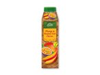 Mango- og passionsfrugtnektar i en 1-liters flaske, mærket som vegansk.