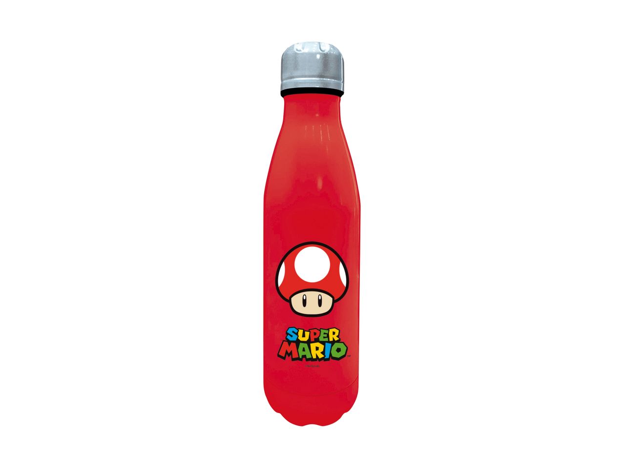 En rød Super Mario vandflaske med et Super svamp design.
