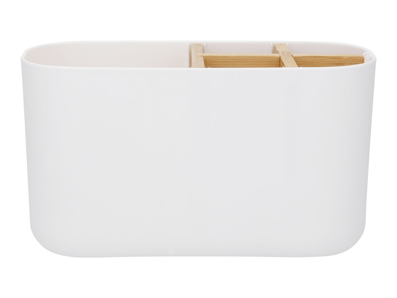 White plastic organizer with bamboo dividers for bathroom or desk storage.