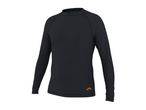Black long-sleeved rash guard with a small orange logo on the bottom left.