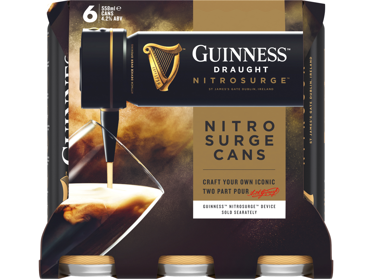 Six-pack of Guinness Draught Nitrosurge cans with a device for a unique two-part pour.