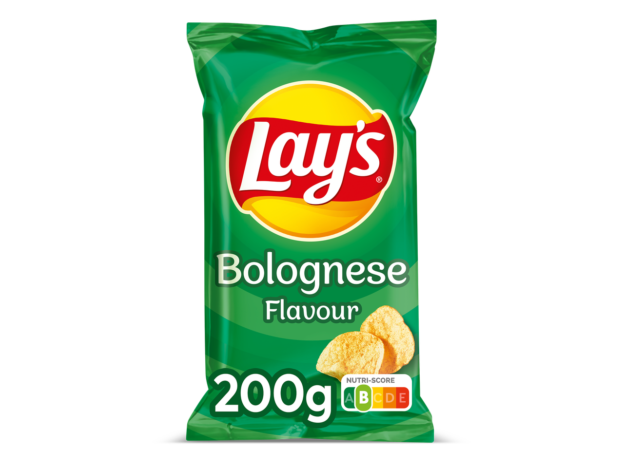 Een groene zak chips met Bolognese smaak, 200g, met Nutri-Score A.