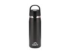 Black insulated water bottle with a handle and a silver band around the neck