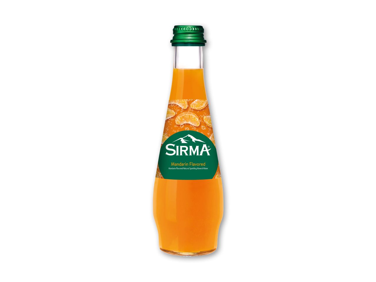 Flaske med mandarinsmagende mineralvand med bobler og mandarinskiver på etiketten.