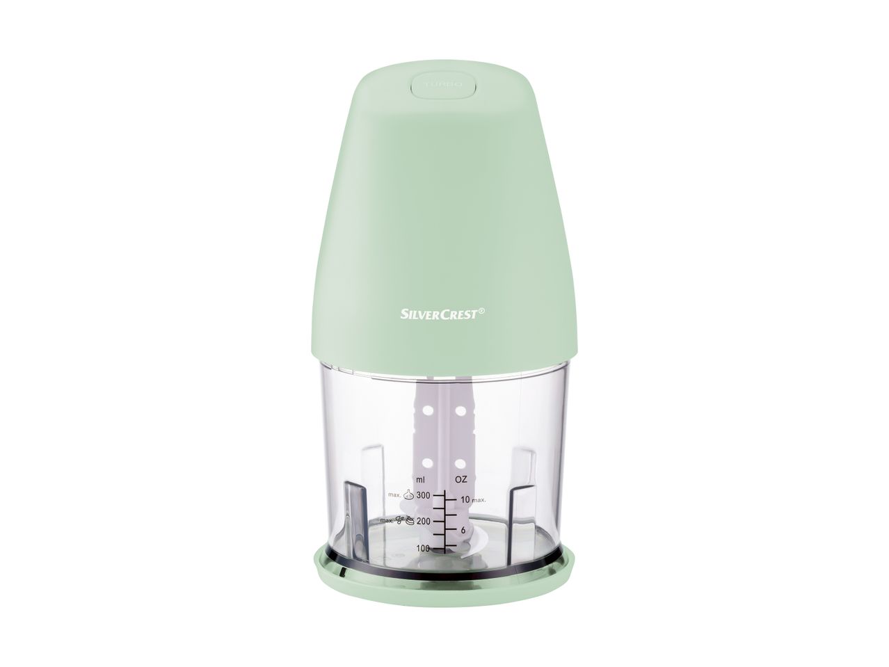 A light green and clear SilverCrest food chopper with measurement markings.