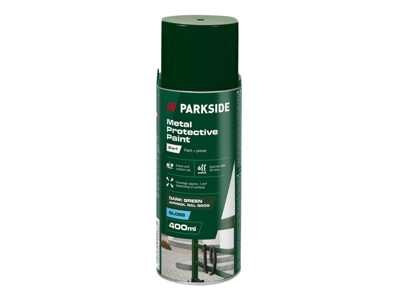 PARKSIDE metalna zaštitna boja u spreju tamnozelene boje, 400ml, sjajni, 2-u-1 boja + prajmer.
