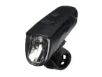 Black bicycle headlight with a clear lens and a button on top, angled to show the mounting bracket.