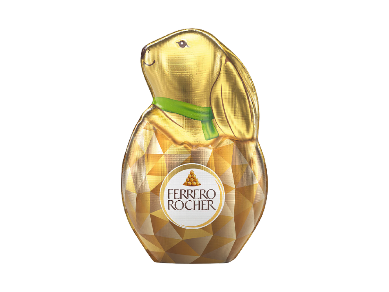 Zlatni čokoladni zeka sa zelenom mašnom i logotipom na stomaku.