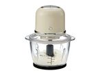 Electric food chopper with a glass bowl and cream-colored motor unit