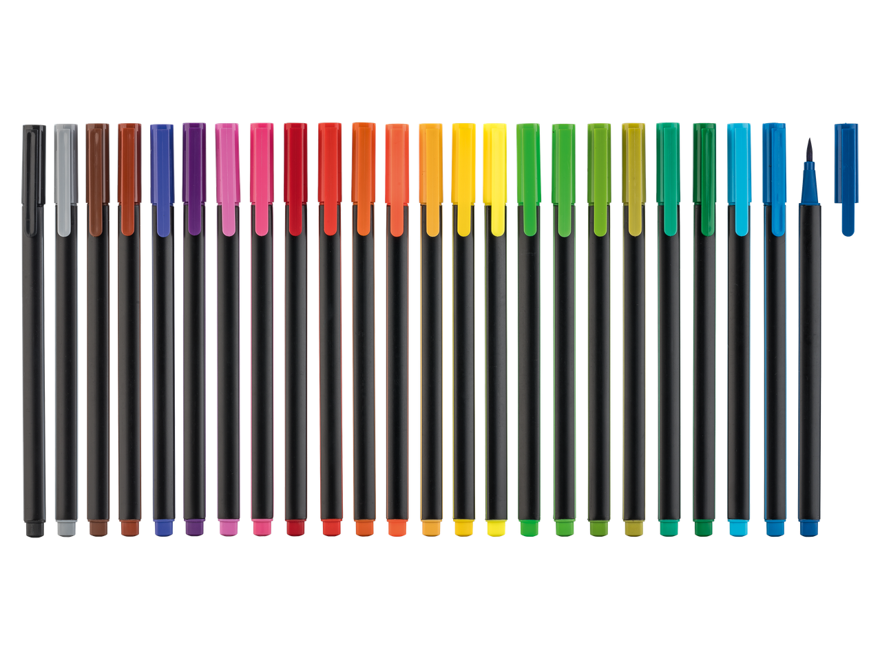 Un assortiment de 24 feutres de couleur, avec un feutre pinceau bleu ouvert.