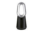 Bladeless fan heater with a black base and silver oval ring