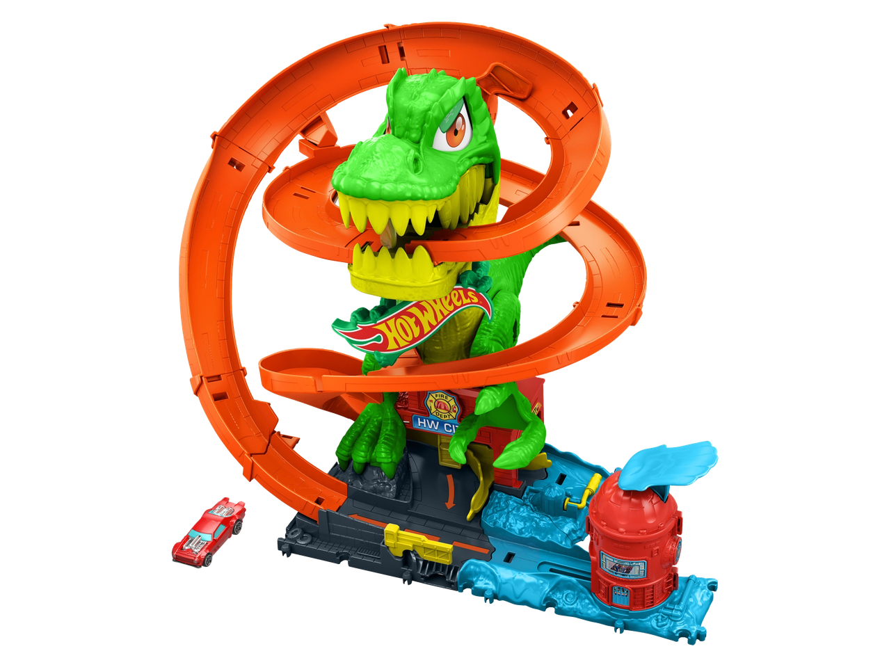 Hot Wheels rinkinys su žaliu dinozauru ir oranžine lenktynių trasa.