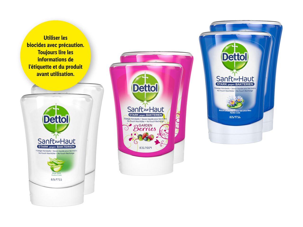 Recharges de savon pour les mains Dettol Sanft zur Haut, différents parfums.