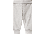 Light grey ribbed baby trousers with a wide, foldable waistband and cuffed ankles.