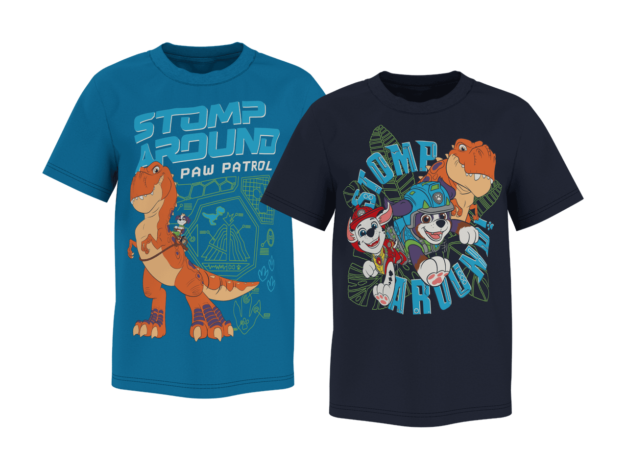 To børne-T-shirts med dinosaur- og tegneseriefigurer, den ene med teksten 'STOMP AROUND PAW PATROL'.