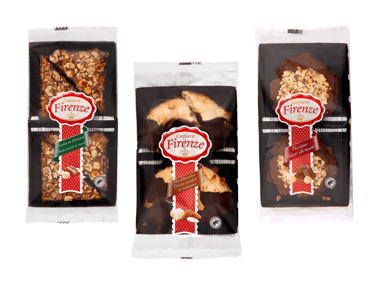 Trois paquets de pâtisseries Confiserie Firenze : coins aux noisettes, cornes d'amande et florentins.