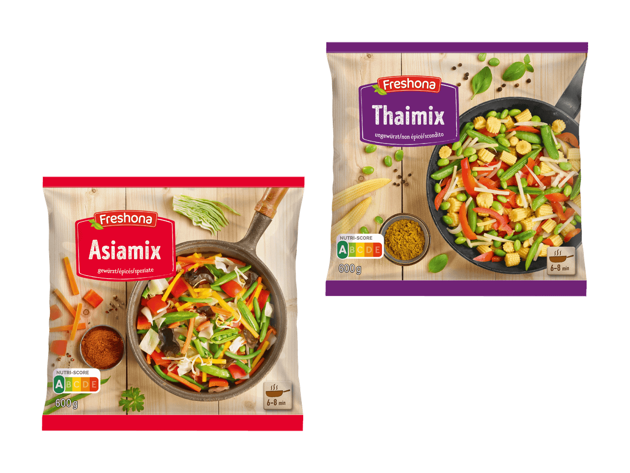 Deux sachets de mélanges de légumes surgelés, Asiamix et Thaimix, avec des épices et des poêles.