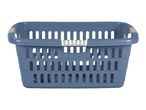 Blue plastic laundry basket with white handles