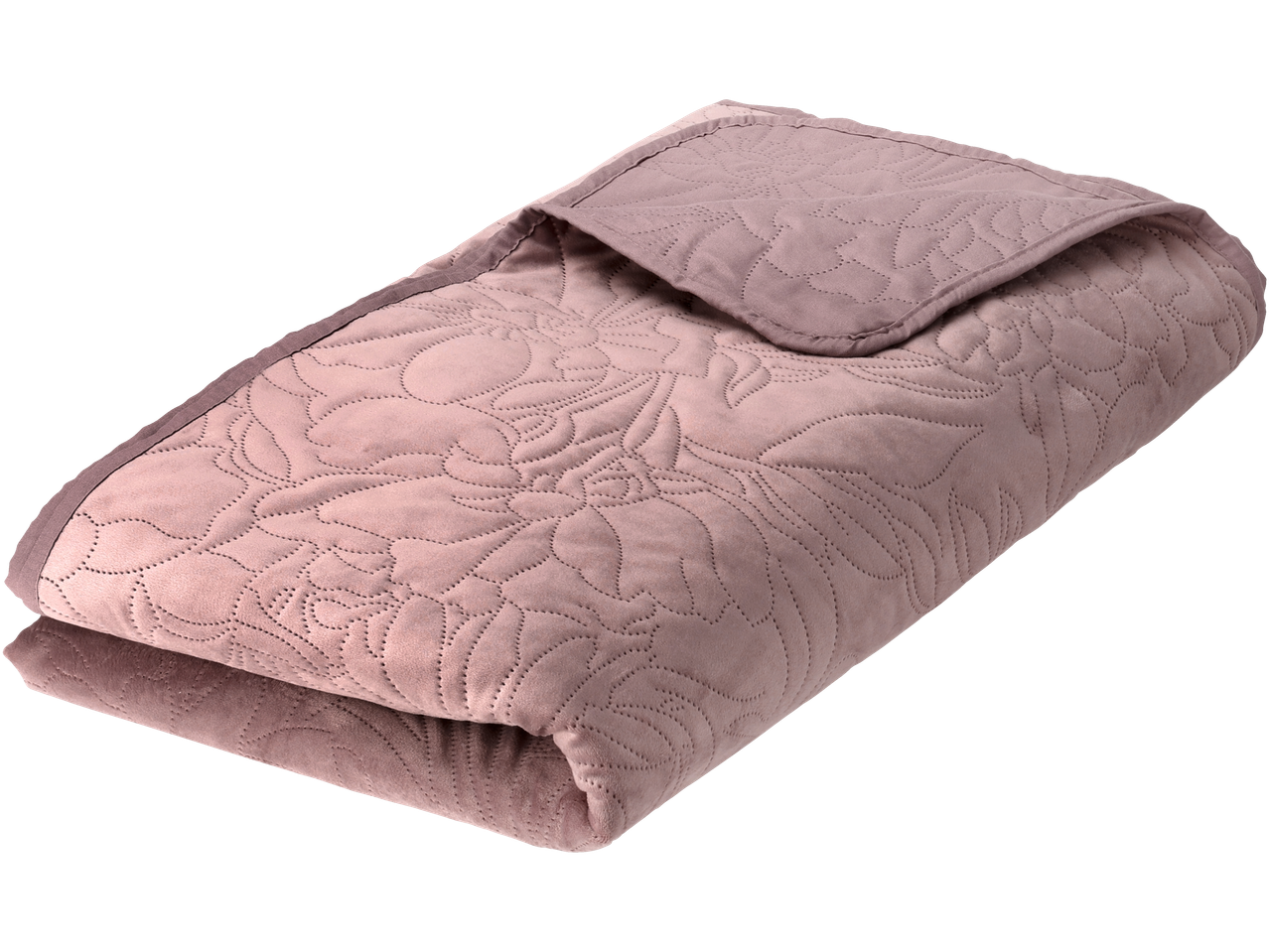 Roze velours sprei LIVARNO home met een doorgestikt bloemenpatroon.