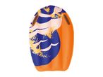 Inflatable bodyboard with blue, white, and yellow wave pattern and orange sides.